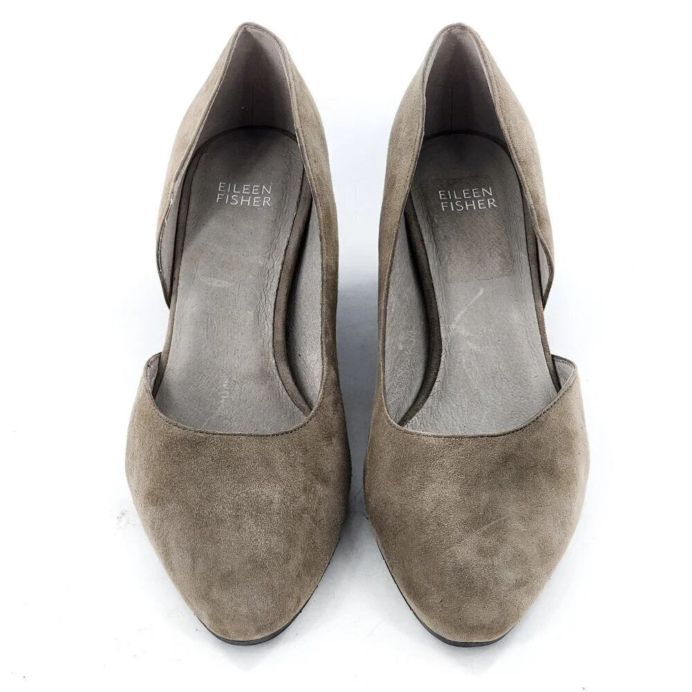 EILEEN FISHER Lily Gray Suede Half D'Orsay Wedge Heel Pump